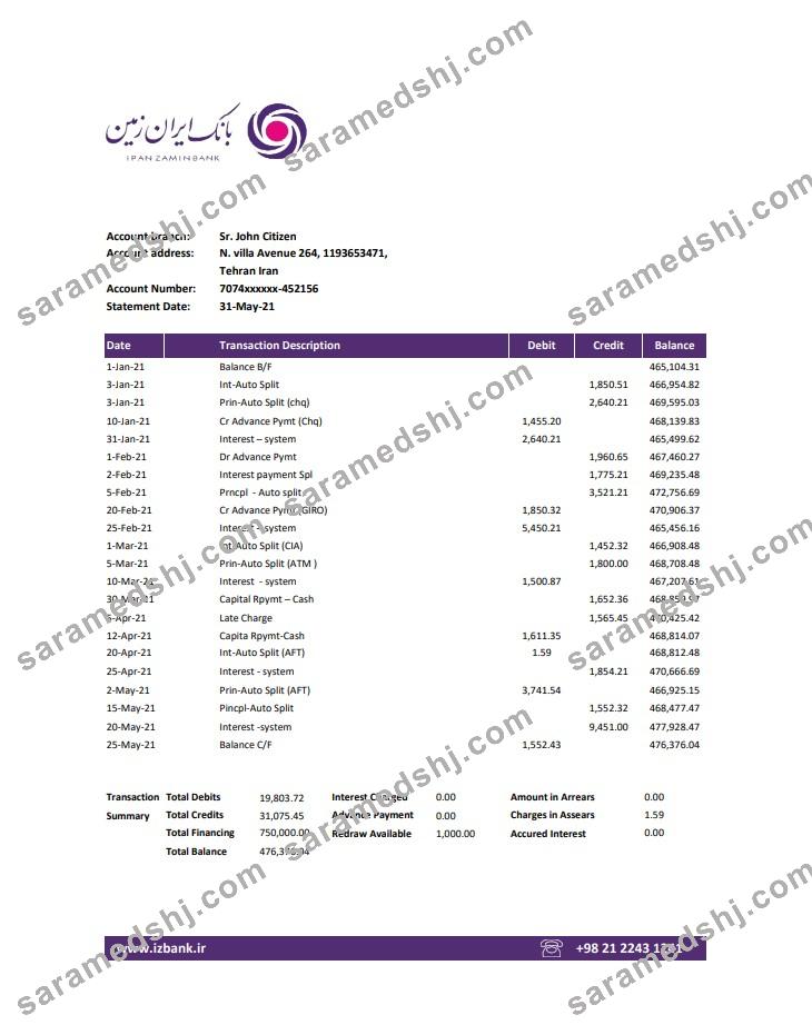 Iran Zamin Bank statement template in Excel and PDF format